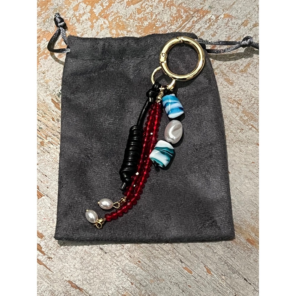 Multicolor Beaded Bag Charm Keychain Pearl Glass Red Crystal Gold Tone Clasp